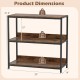 3-tier industrial bookshelf with rustic brown wooden shelves and metal frame, showcasing dimensions and weight capacity.