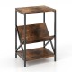 3-tier industrial side table in rustic brown with V-shaped bookshelf and open shelves, perfect for living room storage.
