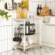 3-tier kitchen baker's rack in light brown with microwave, hooks, and wheels for easy mobility and versatile storage.