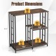 3-tier kitchen baker's rack in rustic brown with open shelves, dimensions for microwave and oven, supports up to 220.