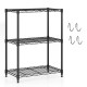 3-tier black metal storage shelving unit with adjustable shelves and removable hooks, ideal for kitchen and garage.