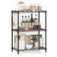 3-tier black metal storage shelving unit with adjustable shelves, ideal for organizing kitchen and pantry items.