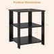 Black 3-tier modern nightstand with open storage shelves, measuring 16" x 16" x 19", ideal for compact spaces.