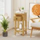 Natural wood nightstand showcasing a pull-out drawer and open shelf, ideal for stylish storage in any cozy space.