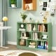 Green 3-tier open bookcase with 8 cubes, perfect for storing books and toys in a living room or kid's room.