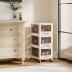 3-tier white plastic drawer storage organizer cart with lockable wheels, perfect for organizing supplies in any room.
