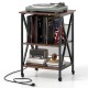 3-tier record player stand with adjustable shelves, built-in charging station, and removable dividers for vinyl storage.
