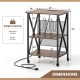 3-tier record player stand dimensions with adjustable shelf height, metal frame, and built-in power strip for charging.