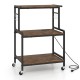 3-tier rolling microwave cart in rustic brown with power outlet, lockable wheels, and 10 hooks for versatile organization.