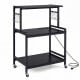 3-tier black rolling microwave cart features a charging station with 2 AC outlets and USB ports for convenient power access.