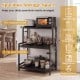 3-tier black rolling microwave cart with 10 hooks and power outlet, ideal for organizing kitchen essentials and appliances.