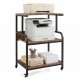 Rolling printer stand with rustic brown finish and adjustable shelf, featuring lockable wheels for convenient mobility.