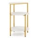 3-tier round end table with white surfaces and gold metal legs, ideal for small spaces and bedroom organization.