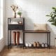 3-tier shoe storage rack bench in rustic brown with drawer and metal frame, perfect for organizing footwear and enhancing entryways.