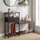 3-tier shoe storage rack bench in rustic brown with a drawer and metal frame, ideal for organizing footwear and accessories.