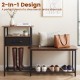 3-tier shoe storage rack bench in rustic brown with a drawer and metal frame, perfect for organizing shoes and entryways.