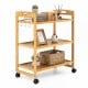 3-tier bamboo utility cart with wheels, side hooks, and adjustable shelves for versatile storage in any room.
