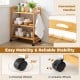 3-tier bamboo utility cart with 4 universal wheels and side hooks, ideal for organizing in kitchens or bathrooms.