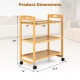 3-tier bamboo utility cart with dimensions, featuring adjustable shelves and 4 wheels for easy mobility in any room.