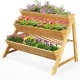 Three-tier wooden vertical raised garden bed with vibrant flowers, designed for efficient space-saving and drainage.