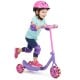 Child riding a purple 3-wheel scooter with LED light-up wheels, featuring a wide anti-slip deck for stability.