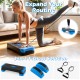 3-in-1 aerobic step platform set in blue with stackable risers and resistance bands for versatile home workouts.