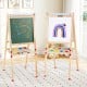 Double-sided wooden kids art easel with magnetic whiteboard and paper roll, adjustable height, and storage tray for.