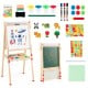 Double-sided wooden kids art easel with magnetic whiteboard, paper roll, and colorful accessories for creative play.