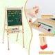 Double-sided wooden kids art easel with magnetic whiteboard, storage tray, and adjustable height for creative play.