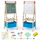 Double-sided adjustable kid easel in blue with magnetic chalkboard, whiteboard, and 60 accessories for creative play.