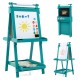 Double-sided green art easel with chalkboard and magnetic whiteboard, featuring storage trays for kids' creativity.