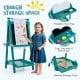 Double-sided green art easel with chalkboard and magnetic whiteboard, featuring foldable tool tray and storage for.