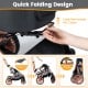 Foldable pet stroller with sun shade, safety belt, and removable carrier for small to medium dogs and cats.
