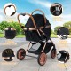 Foldable pet stroller in black with rustproof aluminum frame, adjustable sun shade, and large storage basket for small.