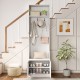3-in-1 hall tree with bench and storage in white, featuring hooks and adjustable shelves for organized entryway use.
