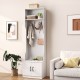 3-in-1 hall tree with bench and storage, featuring multiple hooks and adjustable shelves, ideal for mudroom.