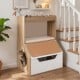 3-in-1 hidden cat house cabinet with removable cushion, scratching pad, and four cubbies for organized pet supplies.