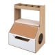 3-in-1 hidden cat house cabinet in natural wood with removable cushion, scratching pad, and four storage cubbies.