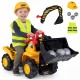 Child riding a 3-in-1 excavator bulldozer with helmet, featuring engine sounds and HDPE wheels for outdoor fun.
