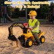 Child riding a 3-in-1 excavator bulldozer with sound, wearing a helmet and glow-in-the-dark vest in a sandbox.