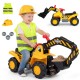 Child riding a 3-in-1 ride-on excavator with sound, wearing a helmet and safety vest, perfect for outdoor adventures.