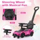 Musical steering wheel detail of the pink Maserati licensed 3-in-1 ride-on push car, engaging young riders' senses.