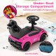 3-in-1 pink Maserati ride-on push car with under-seat storage, musical steering wheel, and anti-roll baffle for safety.