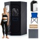 Portable black steam sauna with 9 heat levels, clear window, and included folding chair for home relaxation sessions.