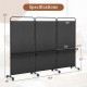 3-panel folding room divider in black with metal shelves, ideal for organizing items in living room or office spaces.