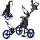 Folding golf push cart with blue wheels, adjustable handle, seat, and storage bag for easy maneuverability on the.