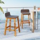 Set of 2 brown acacia wood bar stools with backrests and footrests, perfect for outdoor porch or balcony use.