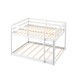 Low-to-ground white full over full bunk bed with solid wood frame and integrated ladder for easy access.