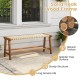 Teak wood patio bench with weave seat, 47 inches long, sturdy structure, ideal for outdoor spaces and comfortable.