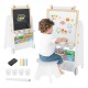 Toddler using the 4-in-1 activity table set with magnetic whiteboard and chalkboard, featuring storage and adjustable.